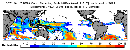 Current Bleaching Heat Stress Outlook Probability - Alert Levels 1 and 2