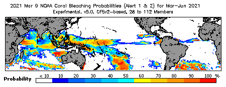 Current Bleaching Heat Stress Outlook Probability - Alert Levels 1 and 2