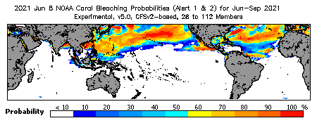 Current Bleaching Heat Stress Outlook Probability - Alert Levels 1 and 2