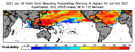 Current Bleaching Heat Stress Outlook Probability - Warning and higher