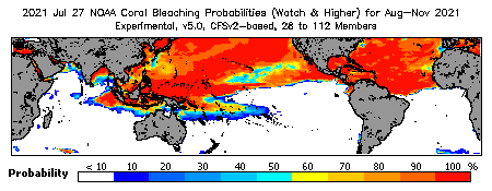 Current Bleaching Heat Stress Outlook Probability - Watch and higher