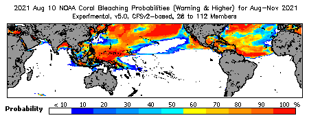 Current Bleaching Heat Stress Outlook Probability - Warning and higher