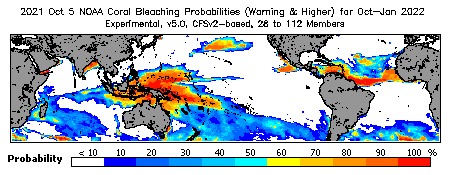 Current Bleaching Heat Stress Outlook Probability - Warning and higher