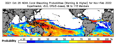 Current Bleaching Heat Stress Outlook Probability - Warning and higher