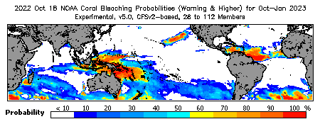 Current Bleaching Heat Stress Outlook Probability - Warning and higher