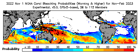 Current Bleaching Heat Stress Outlook Probability - Warning and higher