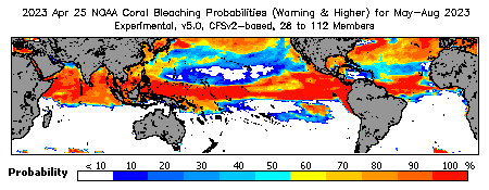 Current Bleaching Heat Stress Outlook Probability - Warning and higher