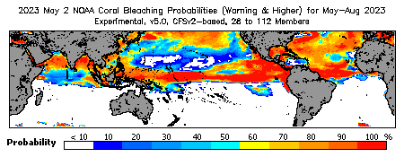 Current Bleaching Heat Stress Outlook Probability - Warning and higher