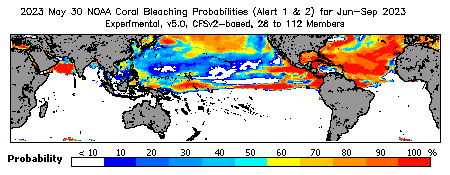 Current Bleaching Heat Stress Outlook Probability - Alert Levels 1 and 2