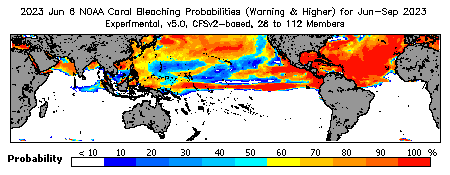 Current Bleaching Heat Stress Outlook Probability - Warning and higher