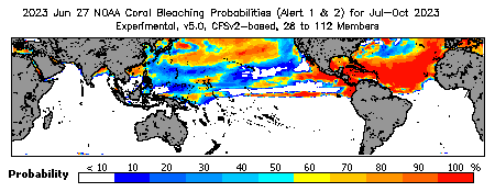 Current Bleaching Heat Stress Outlook Probability - Alert Levels 1 and 2