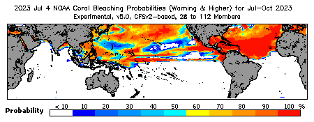 Current Bleaching Heat Stress Outlook Probability - Warning and higher