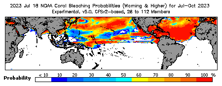 Current Bleaching Heat Stress Outlook Probability - Warning and higher