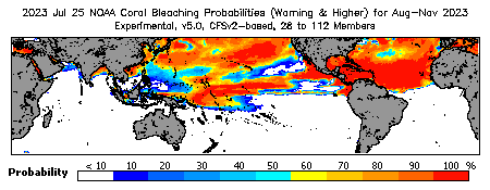 Current Bleaching Heat Stress Outlook Probability - Warning and higher