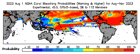 Current Bleaching Heat Stress Outlook Probability - Warning and higher