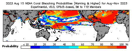 Current Bleaching Heat Stress Outlook Probability - Warning and higher