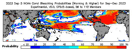 Current Bleaching Heat Stress Outlook Probability - Warning and higher