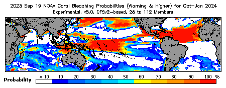 Current Bleaching Heat Stress Outlook Probability - Warning and higher