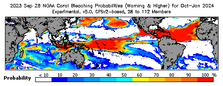 Current Bleaching Heat Stress Outlook Probability - Warning and higher