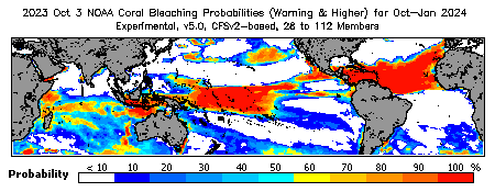 Current Bleaching Heat Stress Outlook Probability - Warning and higher