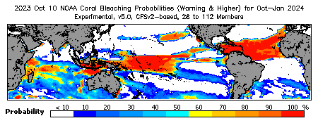 Current Bleaching Heat Stress Outlook Probability - Warning and higher