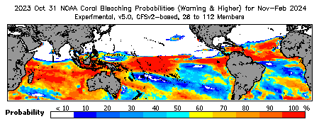 Current Bleaching Heat Stress Outlook Probability - Warning and higher