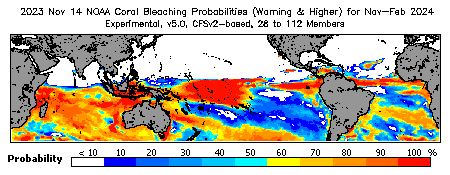 Current Bleaching Heat Stress Outlook Probability - Warning and higher