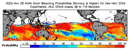 Current Bleaching Heat Stress Outlook Probability - Warning and higher