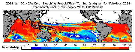 Current Bleaching Heat Stress Outlook Probability - Warning and higher