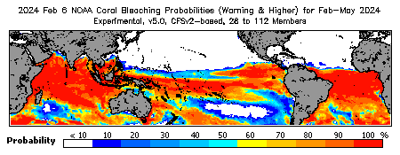 Current Bleaching Heat Stress Outlook Probability - Warning and higher