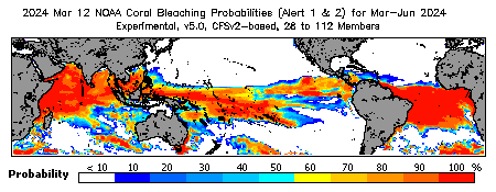 Current Bleaching Heat Stress Outlook Probability - Alert Levels 1 and 2