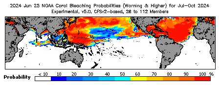 Current Bleaching Heat Stress Outlook Probability - Warning and higher