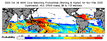 Current Bleaching Heat Stress Outlook Probability - Warning and higher