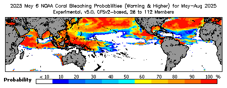 Current Bleaching Heat Stress Outlook Probability - Warning and higher