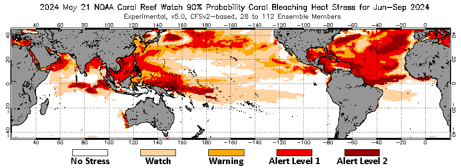 Current weekly global 90% Probability 4-Month Coral Bleaching Heat Stress Outlook image