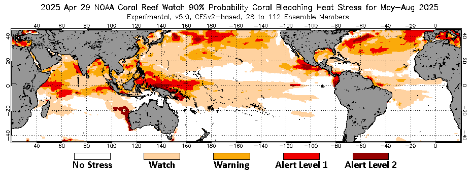 Current weekly global 90% Probability 4-Month Coral Bleaching Heat Stress Outlook image