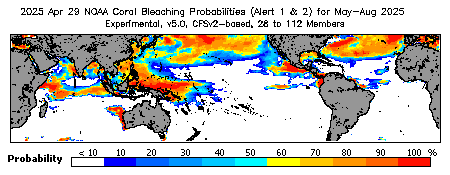 Current Four-Month Bleaching Heat Stress Outlook Probability - Alert Levels 1 and 2